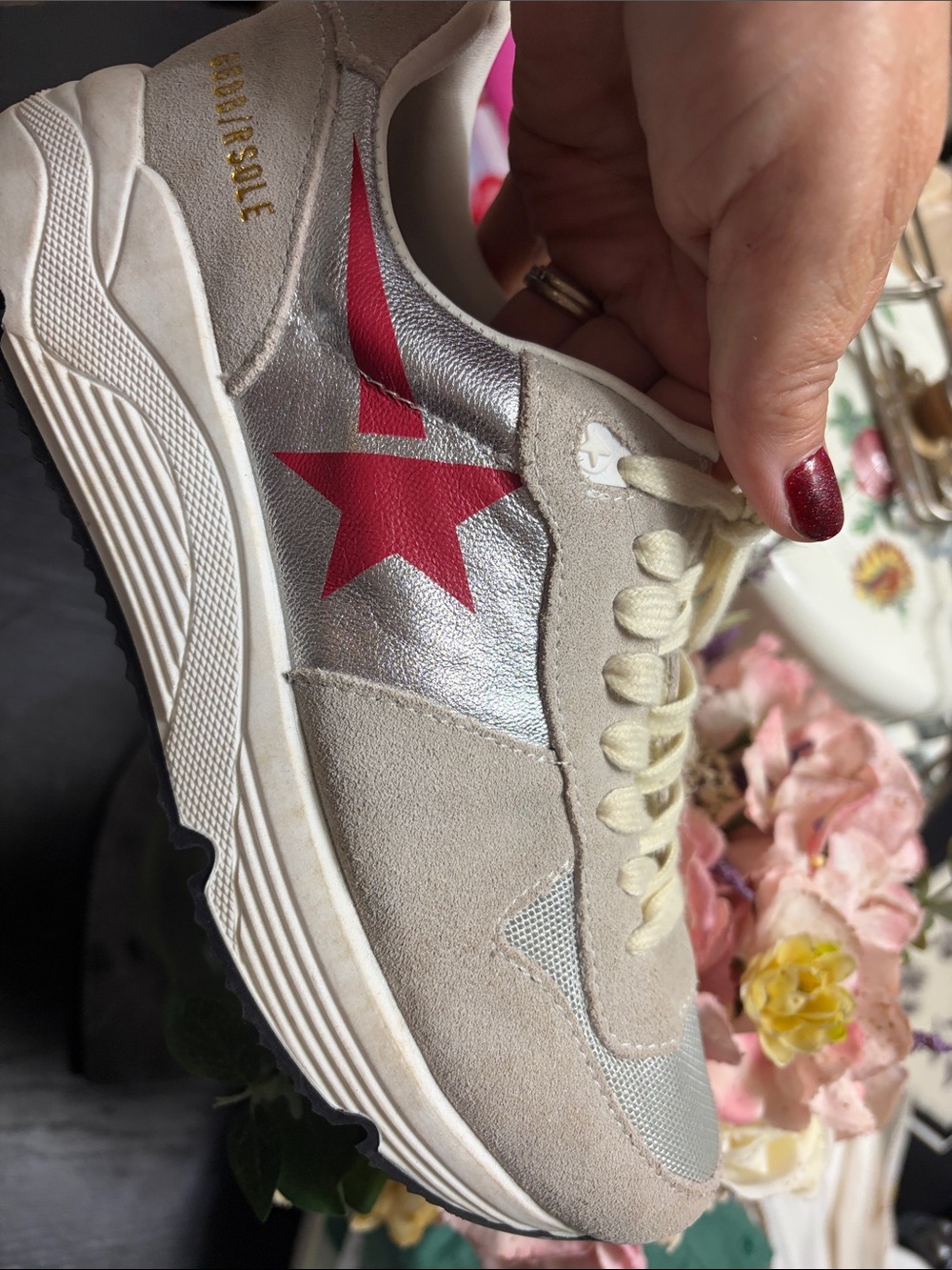 Golden Goose Women's Silver and Red Star Suede-Trim Sneaker